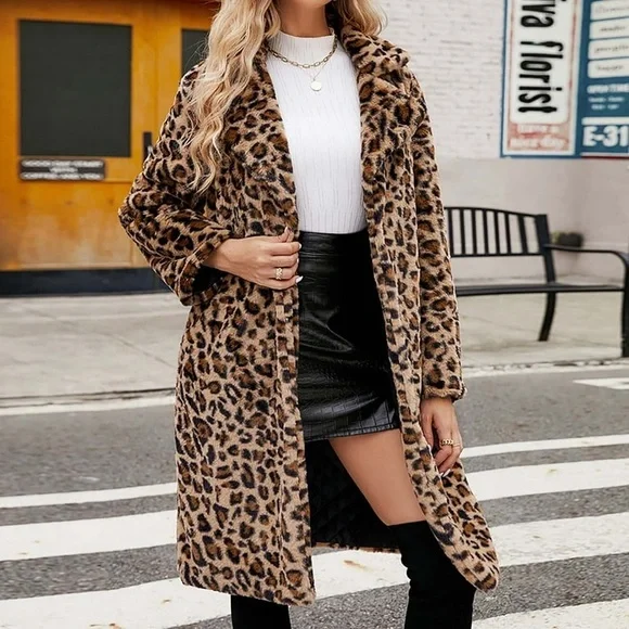 NEW Luxe Fluffy Animal Print Coat Jacket Midi Leopard Brown Black - Picture 6 of 8